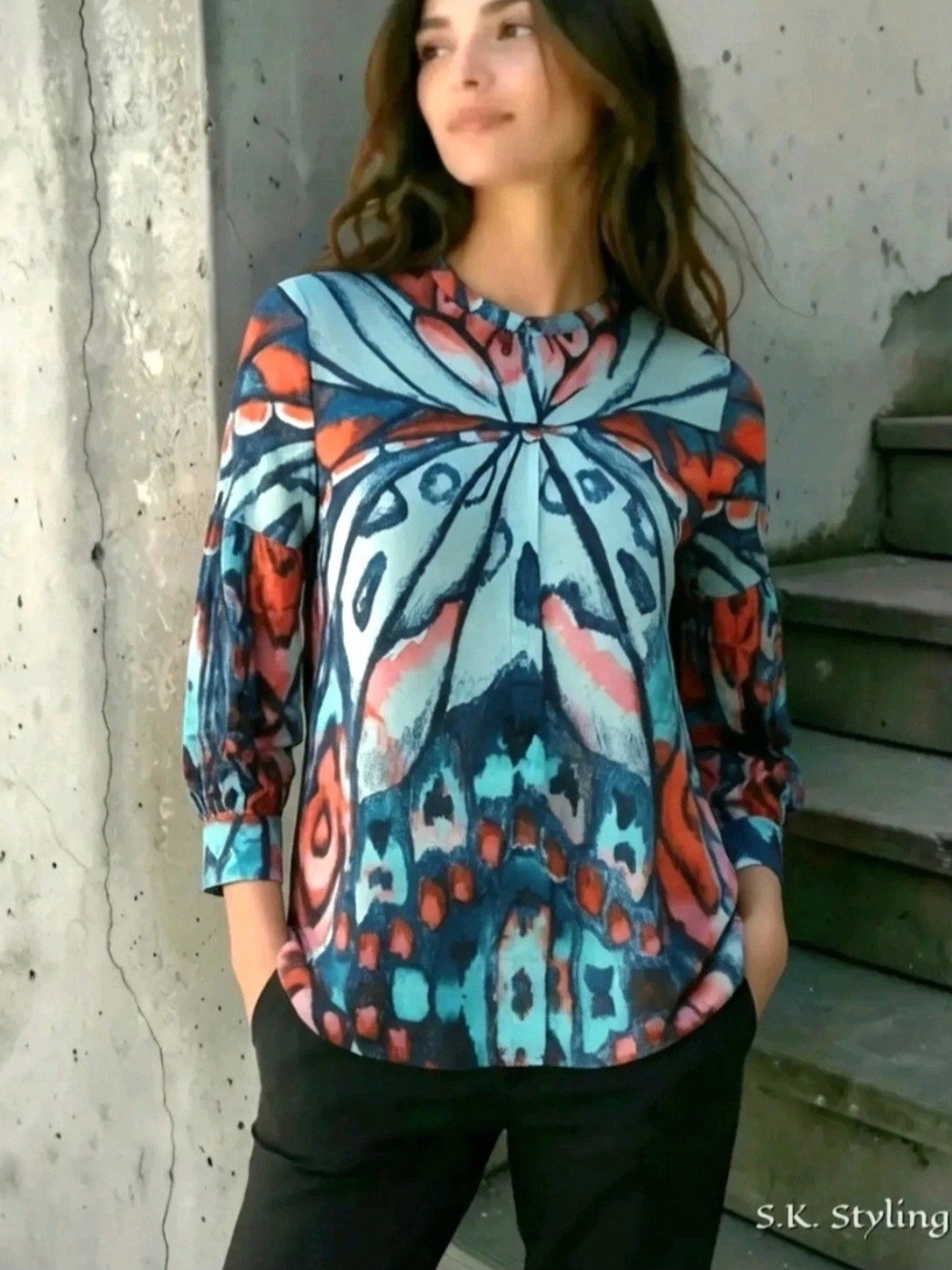 CHICO'S Turquoise Abstract Butterfly Art Button-up Top Smocked Sleeve size S/M